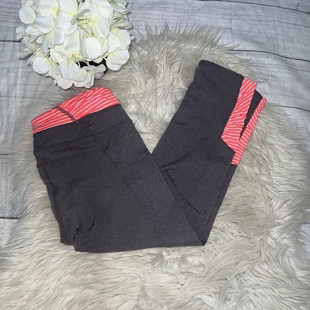 Athleta Balance Stripe Capri Cropped Leggings Gray Orange Sz XS X-Small